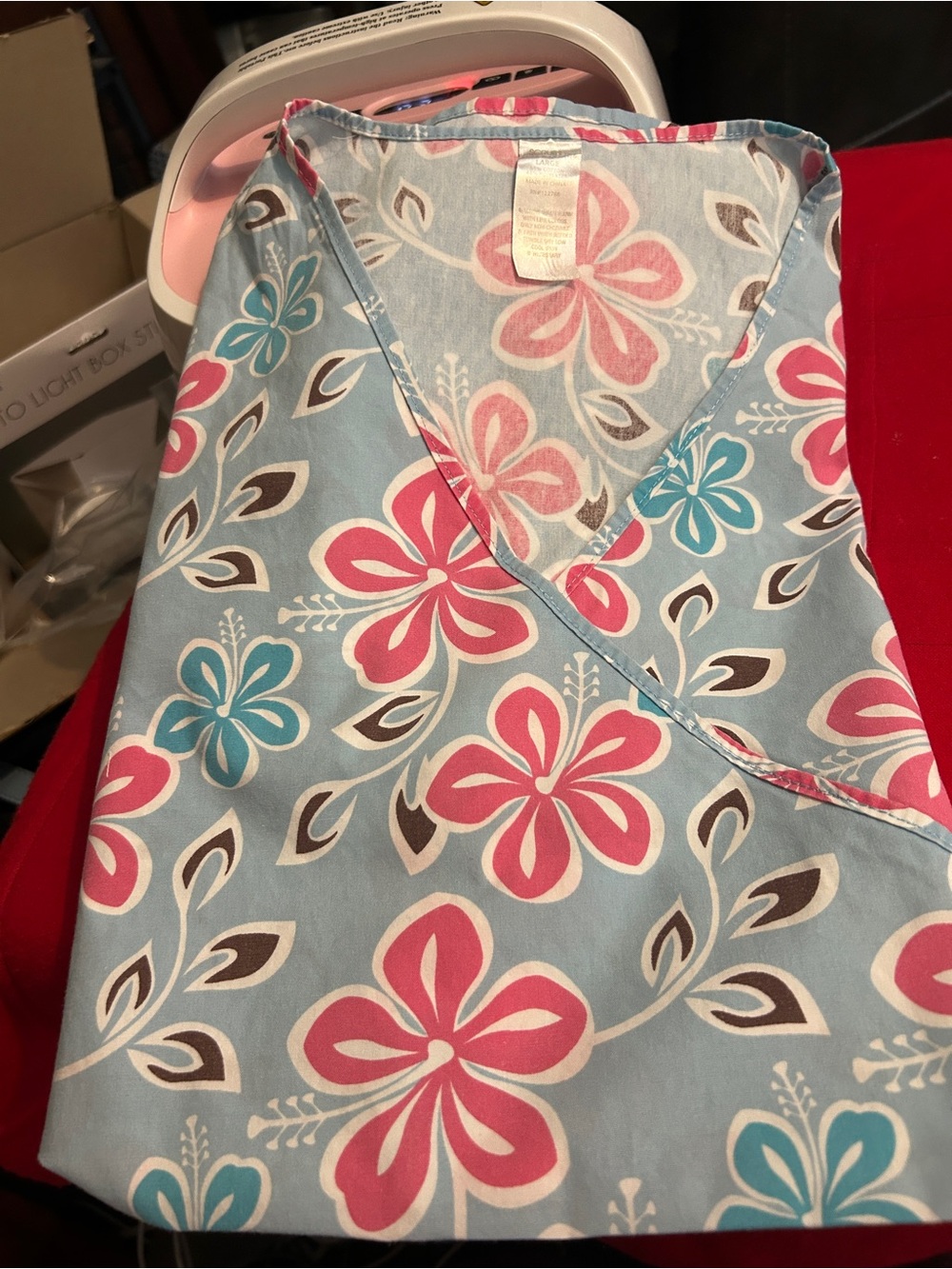 Women’s Floral V-Neck Scrub top Blouse in Light Blue and Pink